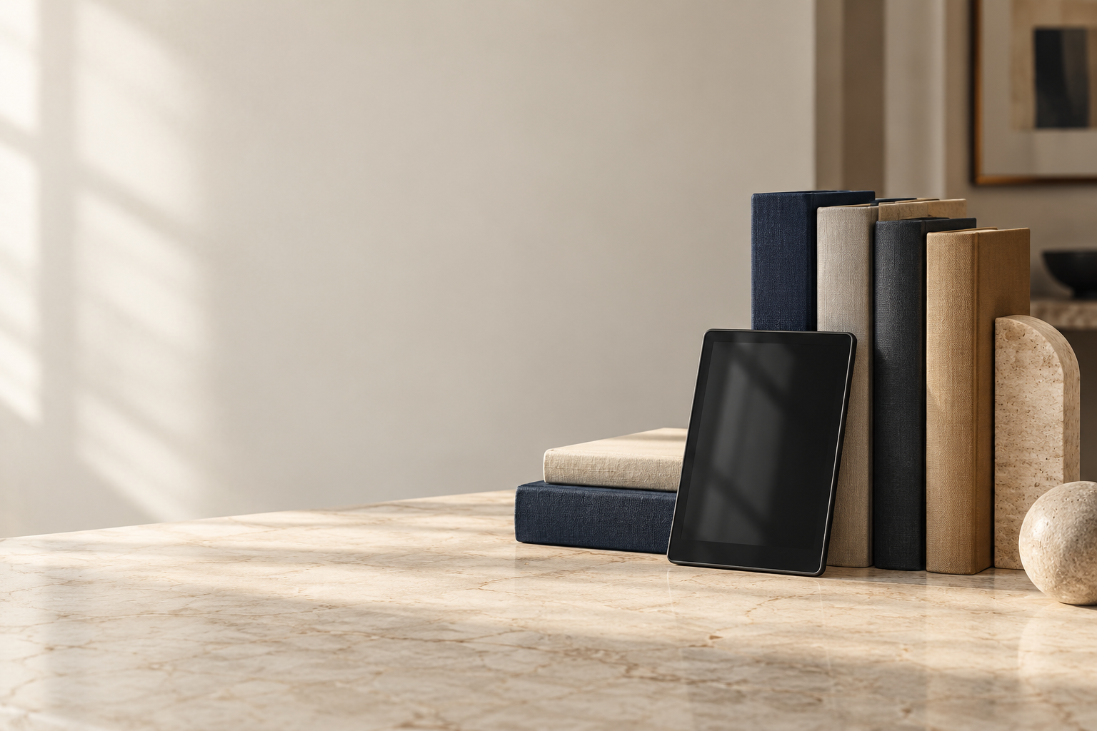 Books and an e-reader on a sunlit desk